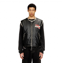 Diesel Men Leather vest with embroidered patches Black P016520SPCX