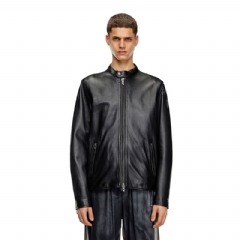 Diesel Men Leather biker jacket with embossed logo Black A144360AJIR