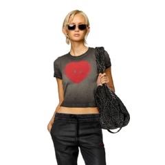 Diesel Women Ribbed T-shirt with watercolour heart D Black A128360SQAD