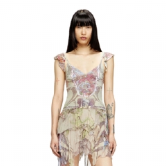 Diesel Women Ruffle-shoulder knit top with medieval print Beige A188720AFBZ