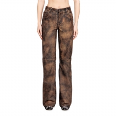 Diesel Women Jean-cut distressed leather pants Brown A203370BKBH