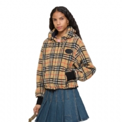 Burberry Women Cropped Check Fleece Hooded Jacket Sand beige 81189291