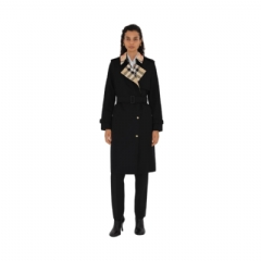 Burberry Women Long Check Collar Gabardine Trench Coat Black 81154831