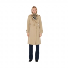 Burberry Women Long Check Collar Gabardine Trench Coat Honey 81154841