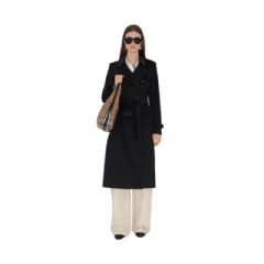 Burberry Women Long Cashmere Kensington Trench Coat Black 81115661